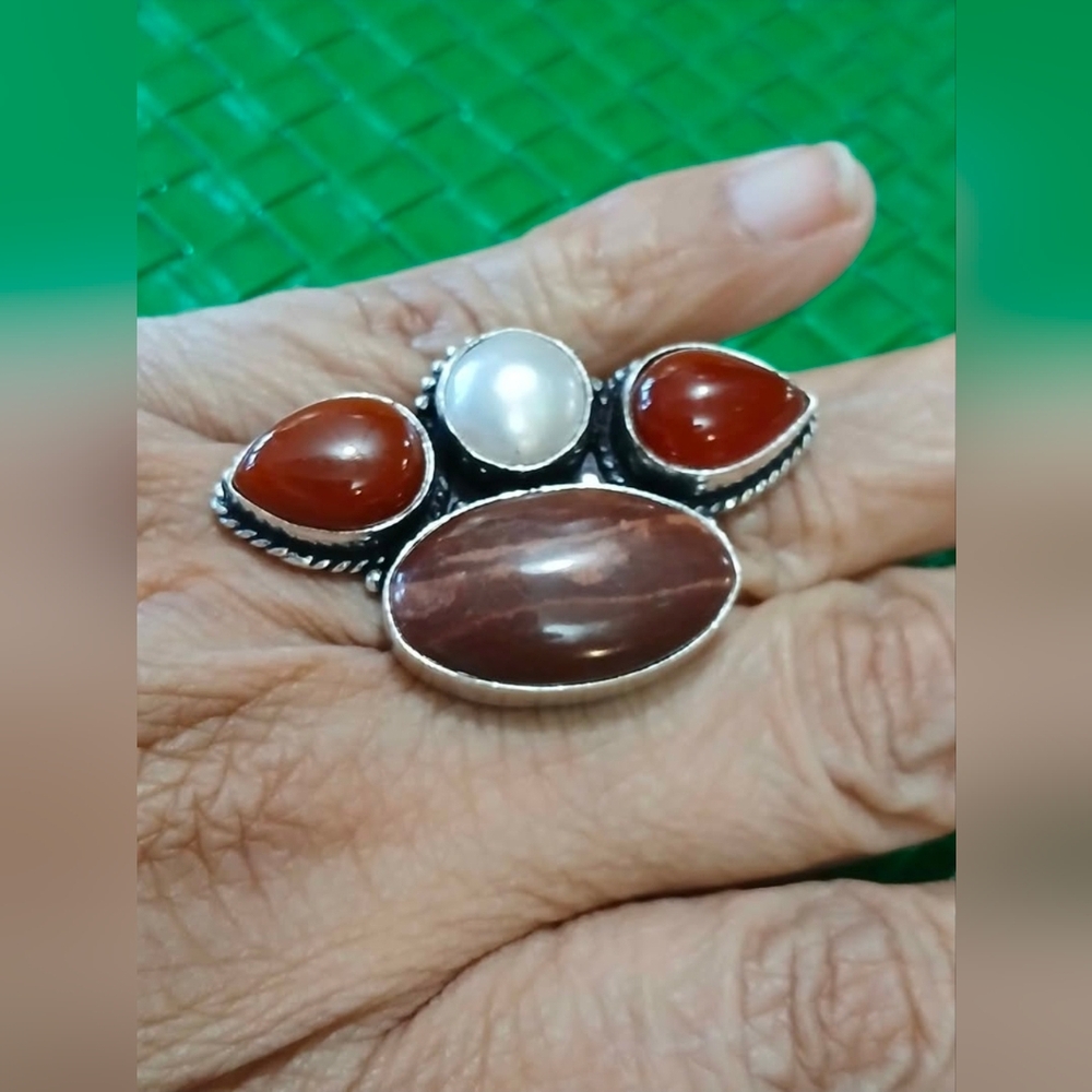 925 Signed Multi Stone Statement Ring Size 8 Red … - image 7